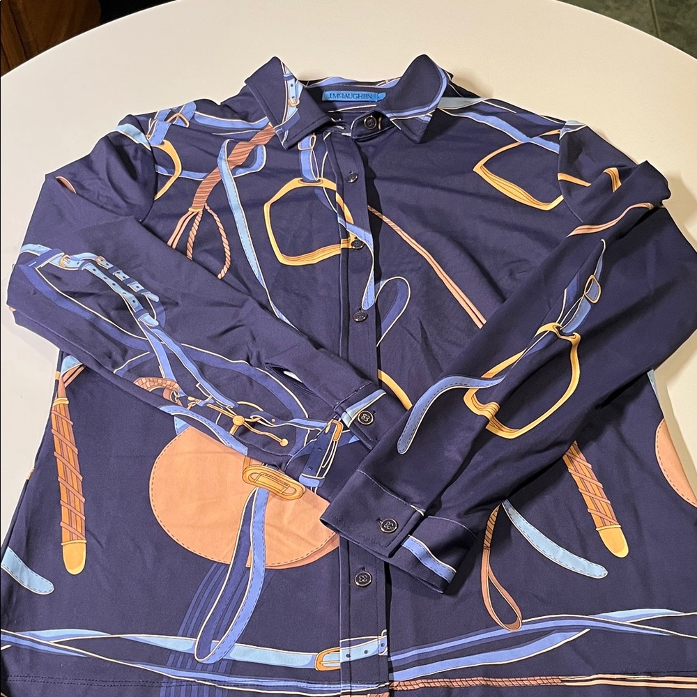 J. McLaughlin Blue Top with Gold and Brown Details